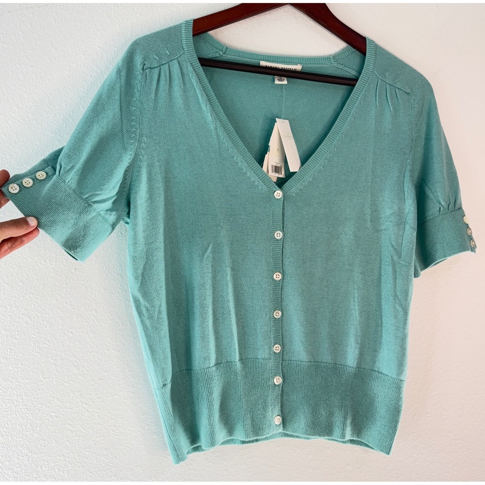 Y2K Deadstock Banana Republic Aqua Teal Silk Cashmere Knit Cardigan Short Sleeve
